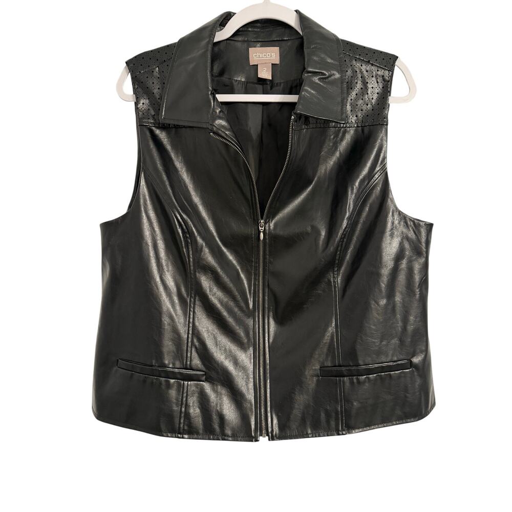 Women's L Edgy Biker Festival Perforated Black Faux Leather Sleeveless Zip‎ Vest